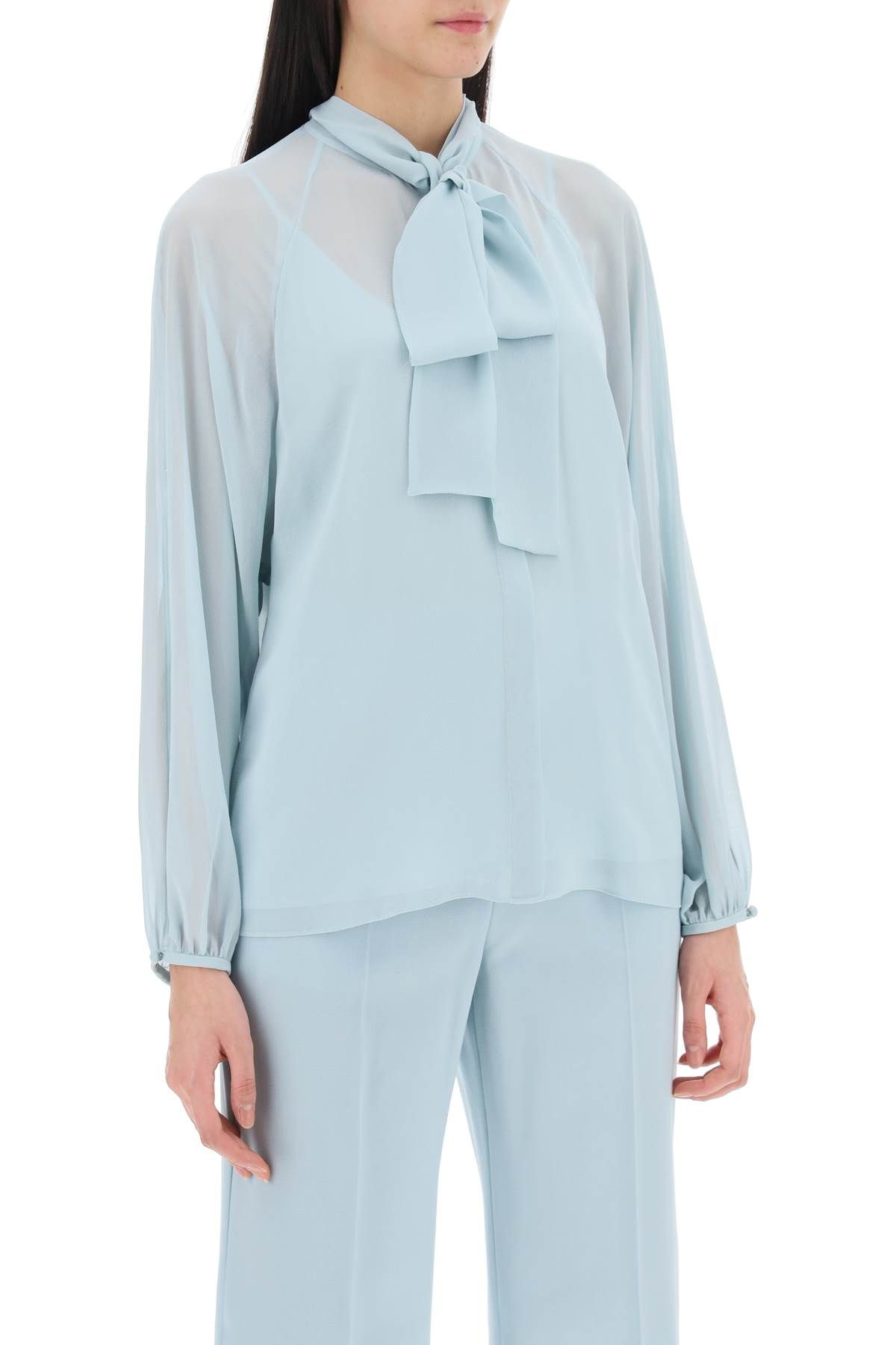 Shop Max Mara Fascino Silk Shirt With Lavalliere Tie In Light Blue