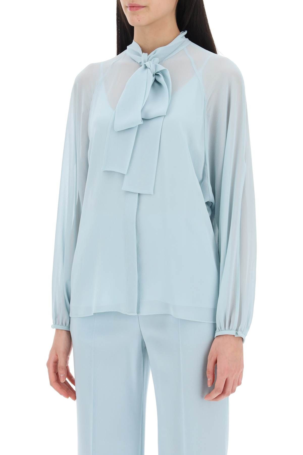 Shop Max Mara Fascino Silk Shirt With Lavalliere Tie In Light Blue