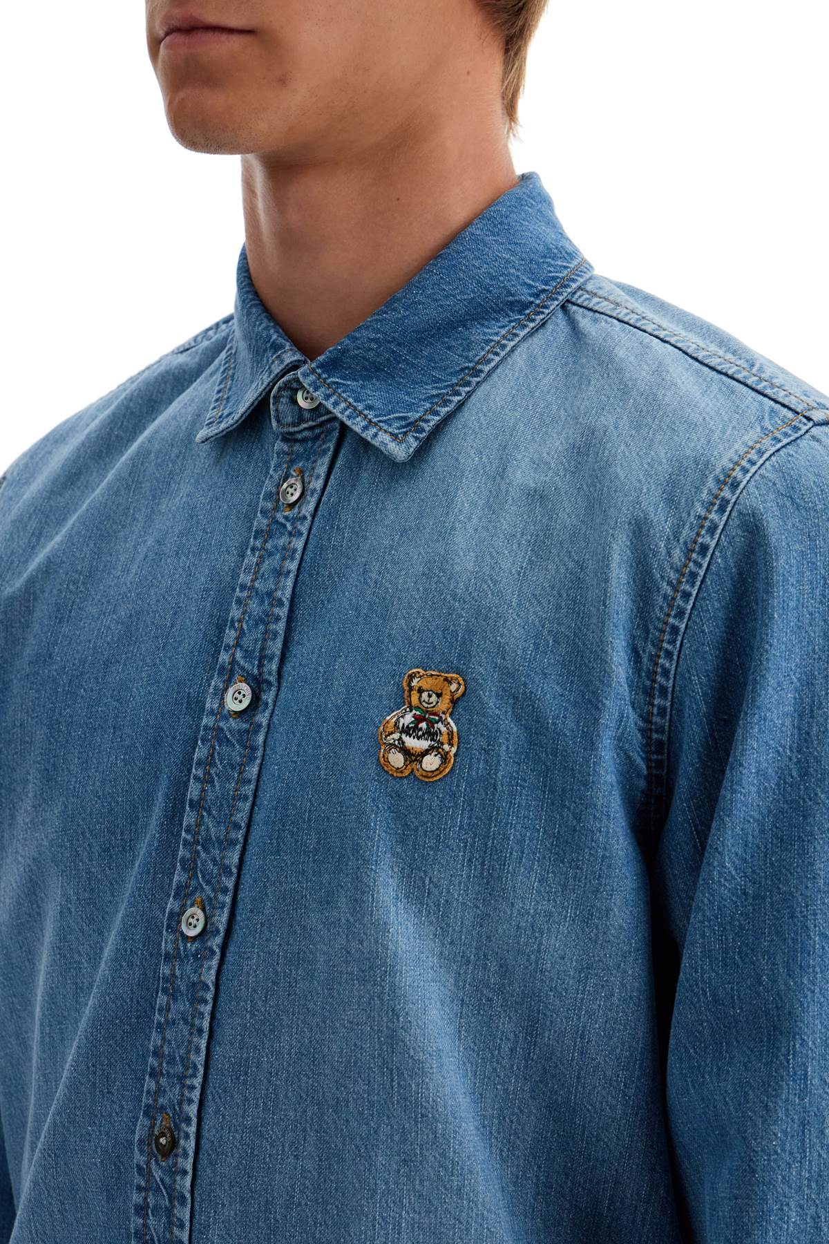 Shop Moschino Denim Shirt With Patch Details In Blue