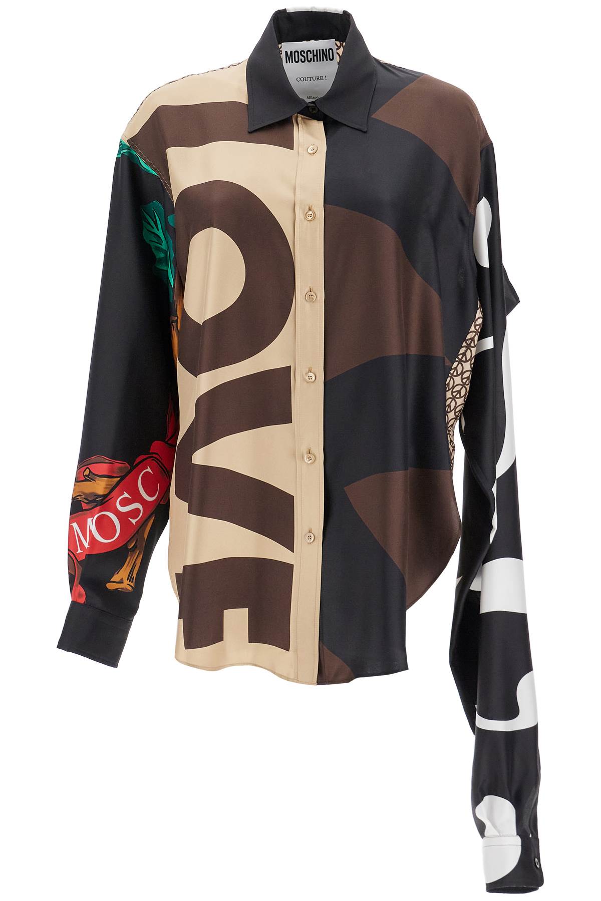 Shop Moschino Silk Patchwork Shirt In Beige