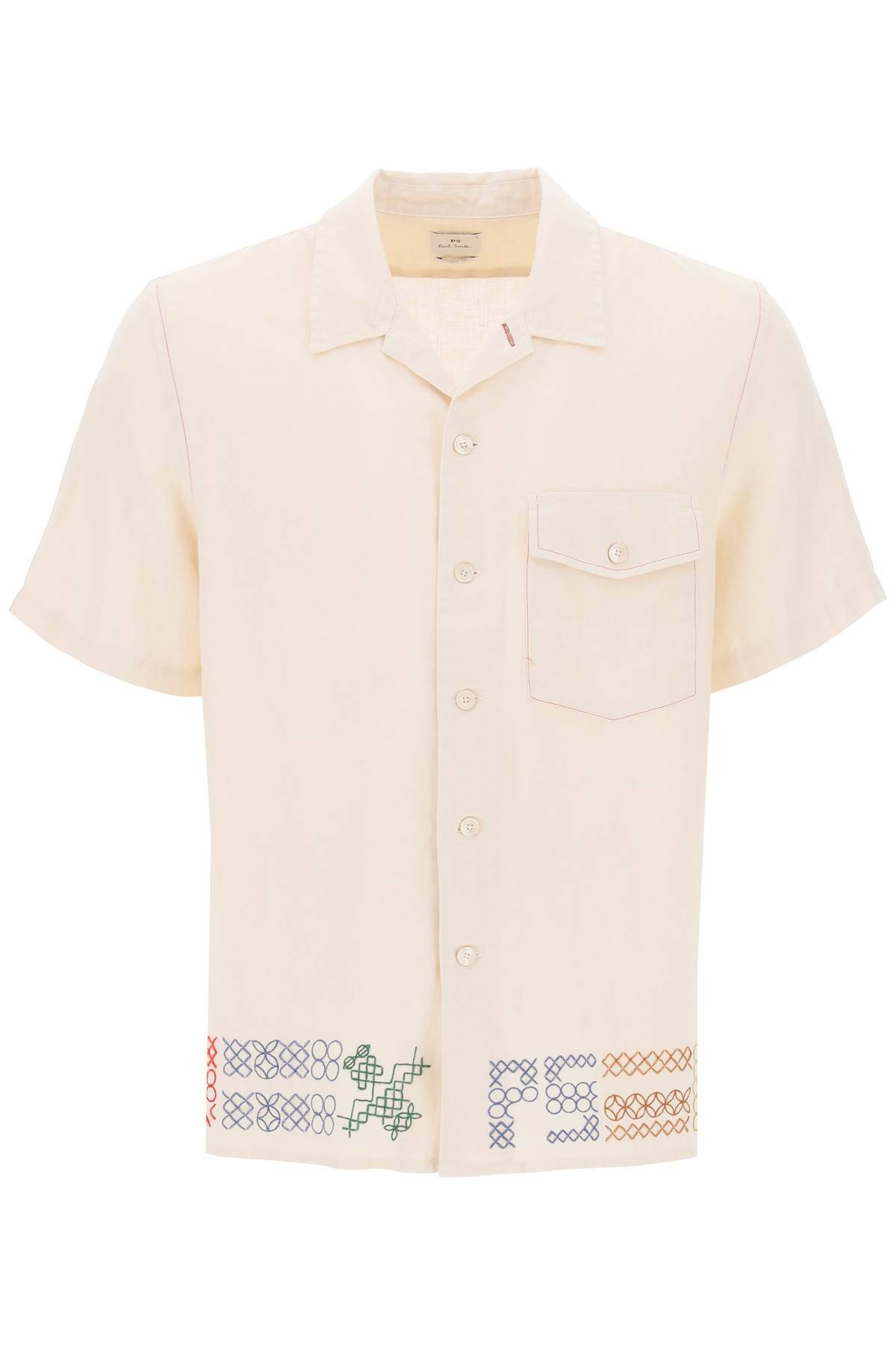 Shop Ps By Paul Smith Bowling Shirt With Cross-stitch Embroidery Details In Beige,neutro