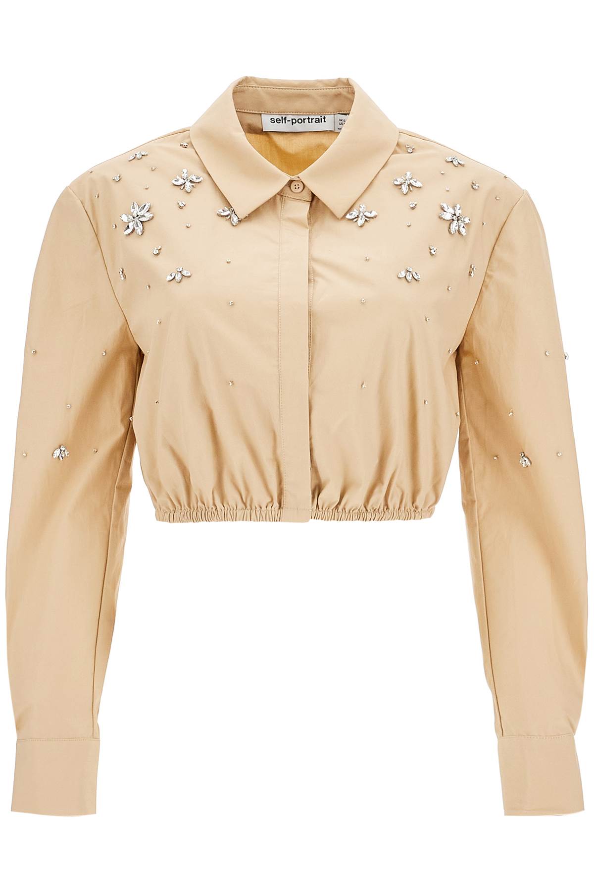 Shop Self-portrait 'cropped Shirt With Crystals' In Beige