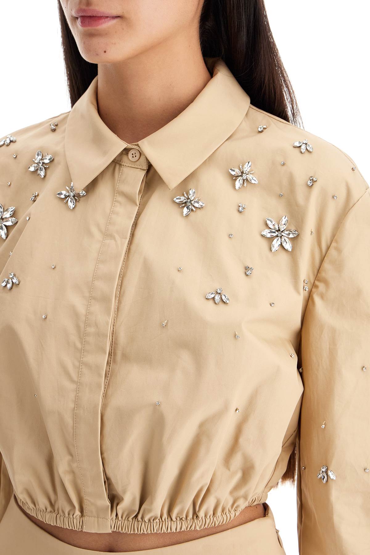 Shop Self-portrait 'cropped Shirt With Crystals' In Beige