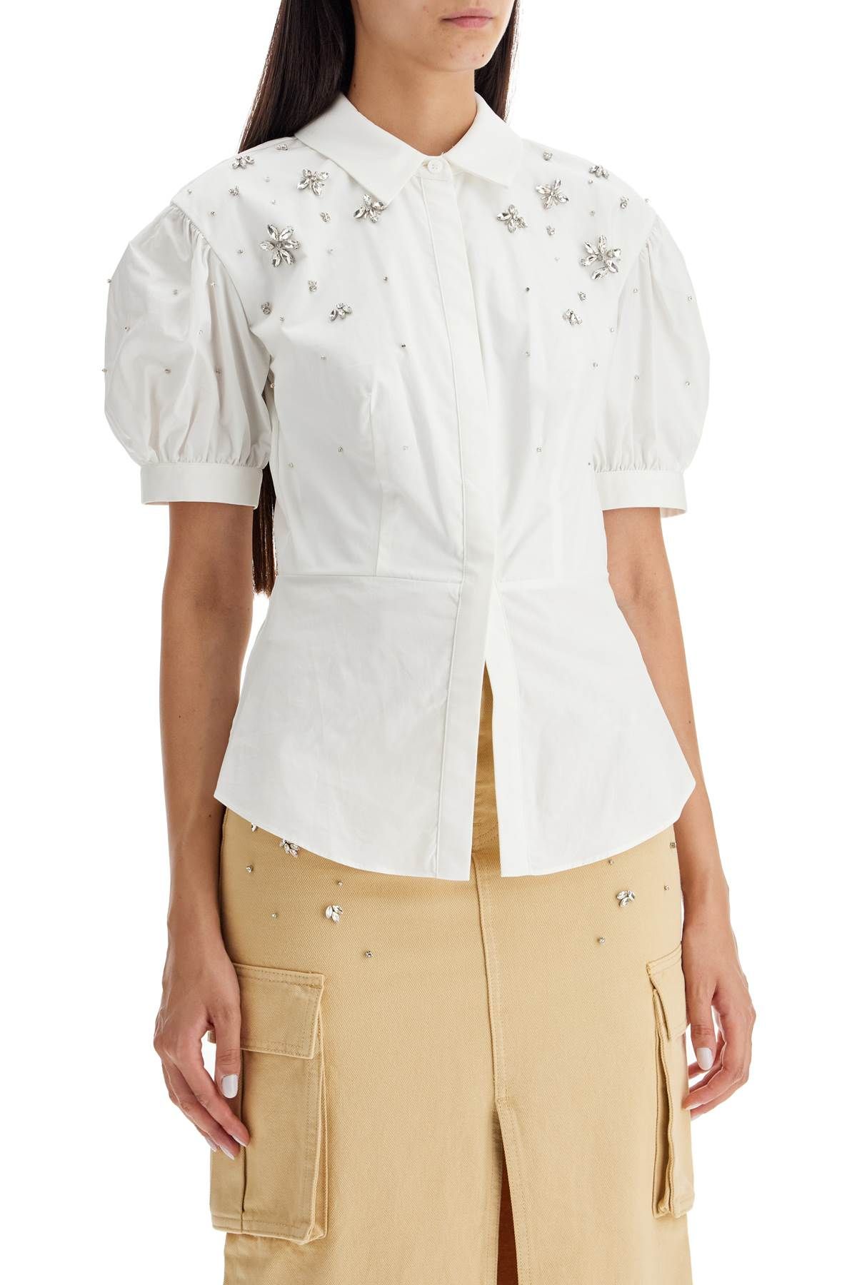 Shop Self-portrait Fitted Cotton Shirt With Tailored In White