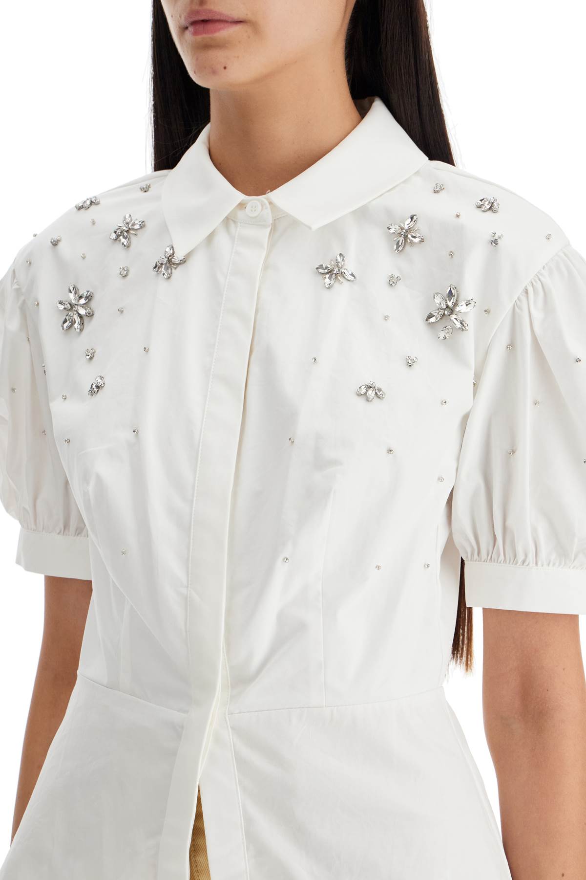 Shop Self-portrait Fitted Cotton Shirt With Tailored In White