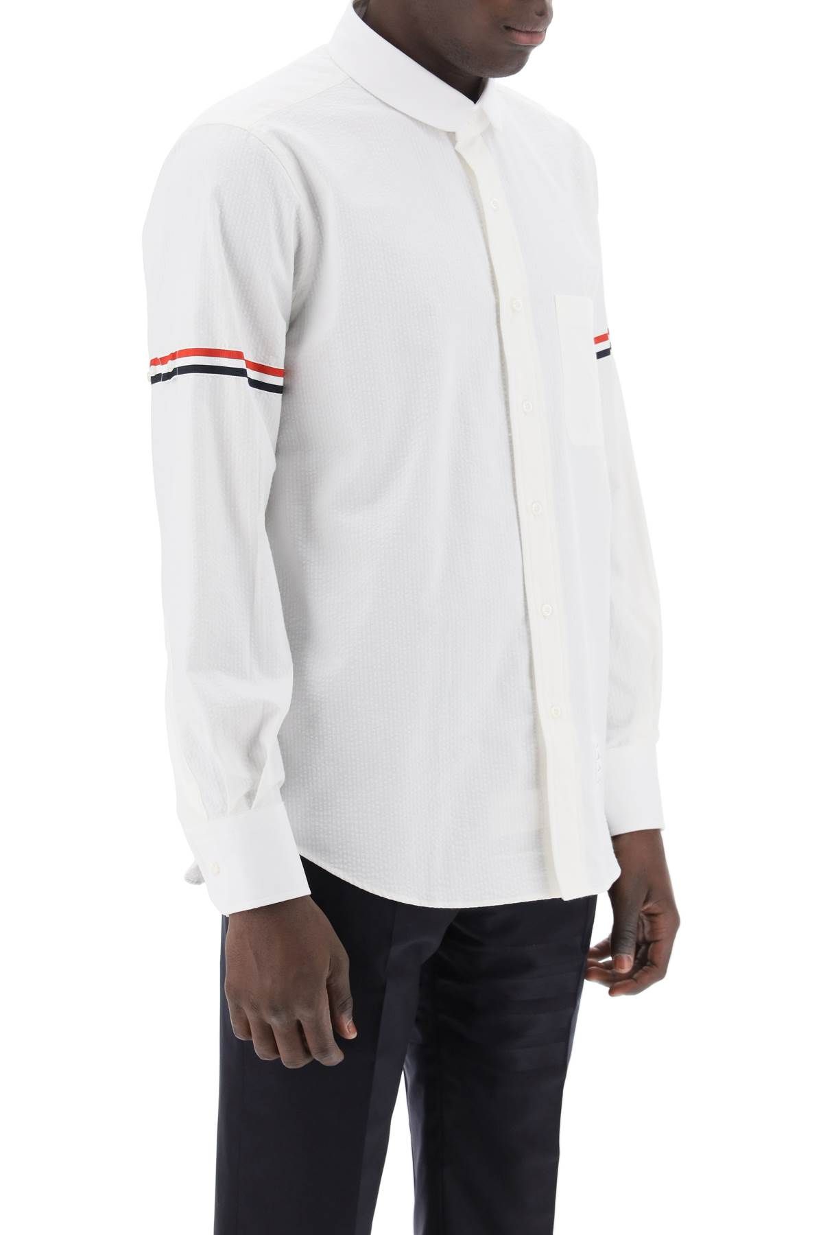Shop Thom Browne Seersucker Shirt With Rounded Collar In White