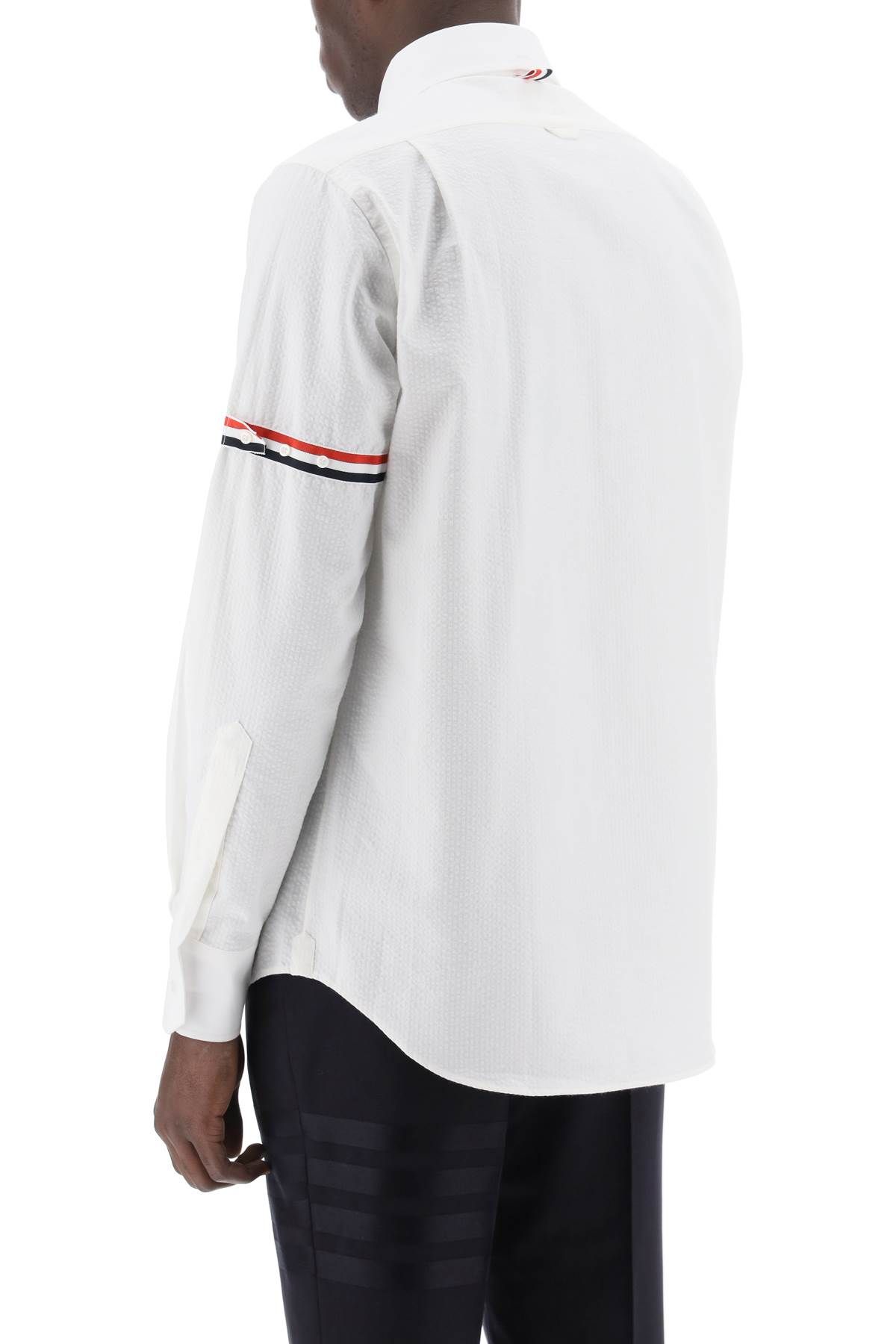 Shop Thom Browne Seersucker Shirt With Rounded Collar In White
