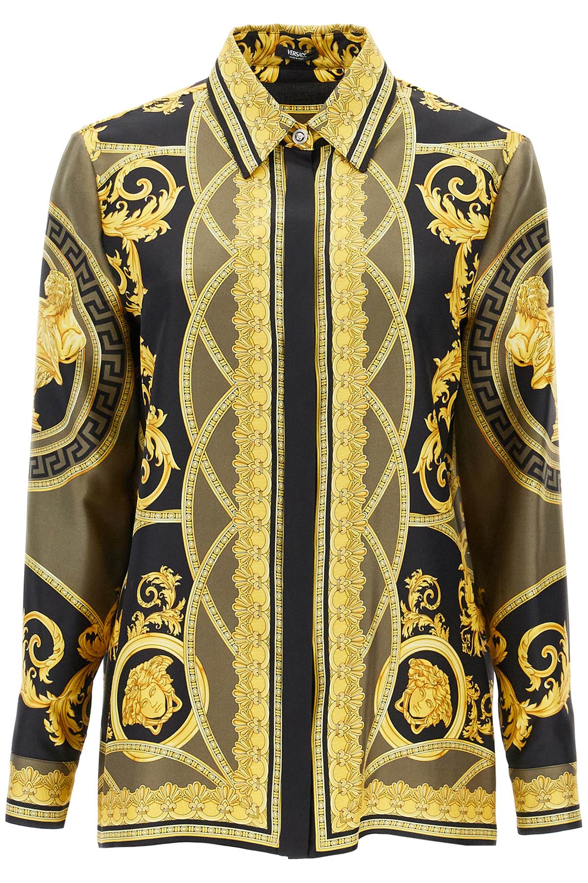 Shop Versace Silk Shirt 'the Cut Of The Gods In Black