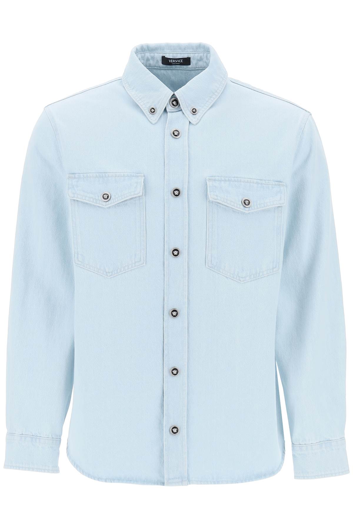 Shop Versace "medusa Denim Shirt In Light Blue