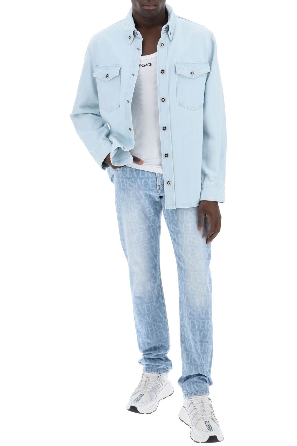 Shop Versace "medusa Denim Shirt In Light Blue