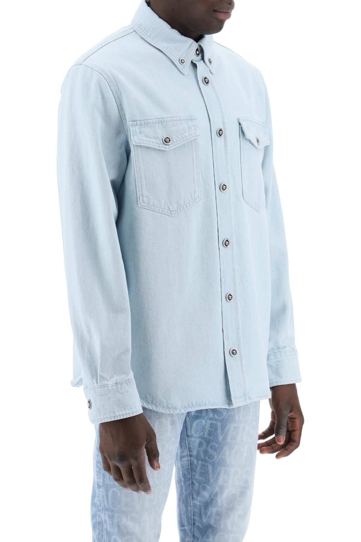 Shop Versace "medusa Denim Shirt In Light Blue