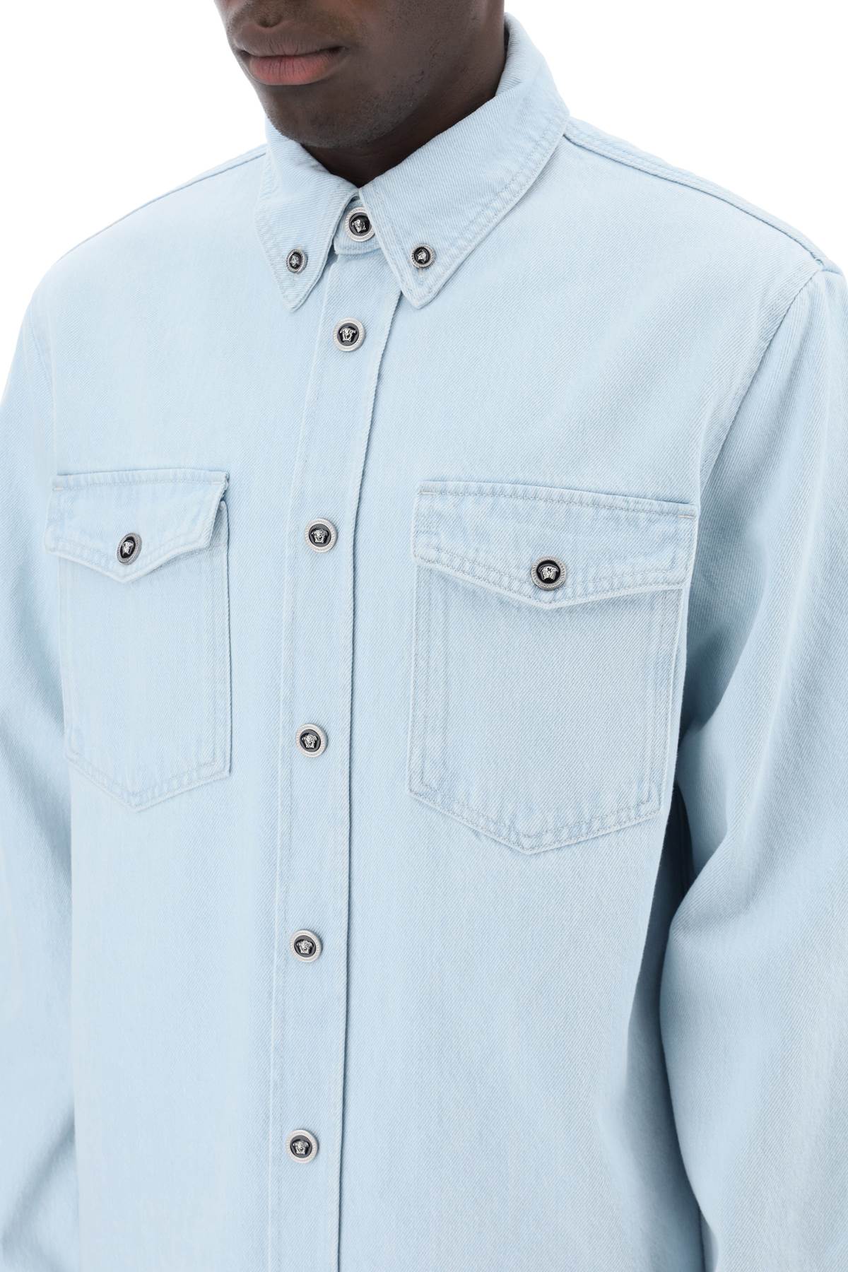 Shop Versace "medusa Denim Shirt In Light Blue