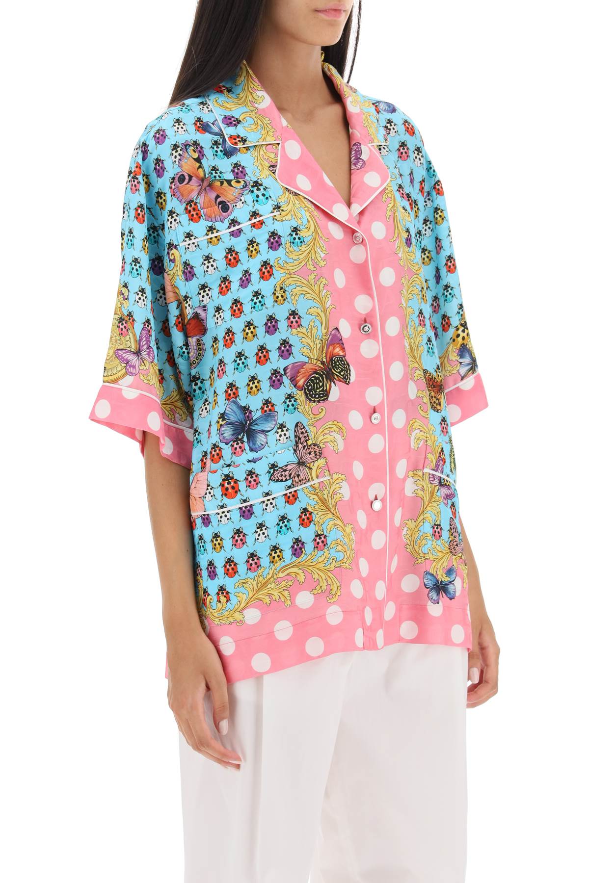 Shop Versace Butterflies & Ladybugs Short Sleeve Shirt In Light Blue,pink