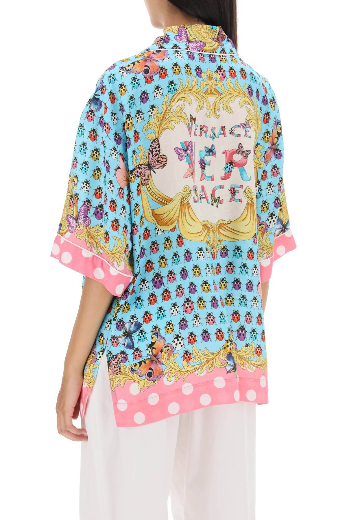 Shop Versace Butterflies & Ladybugs Short Sleeve Shirt In Light Blue,pink