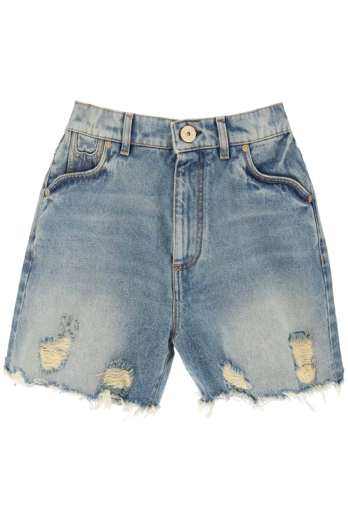 Shop Balmain Distressed Denim Shorts In Light Blue