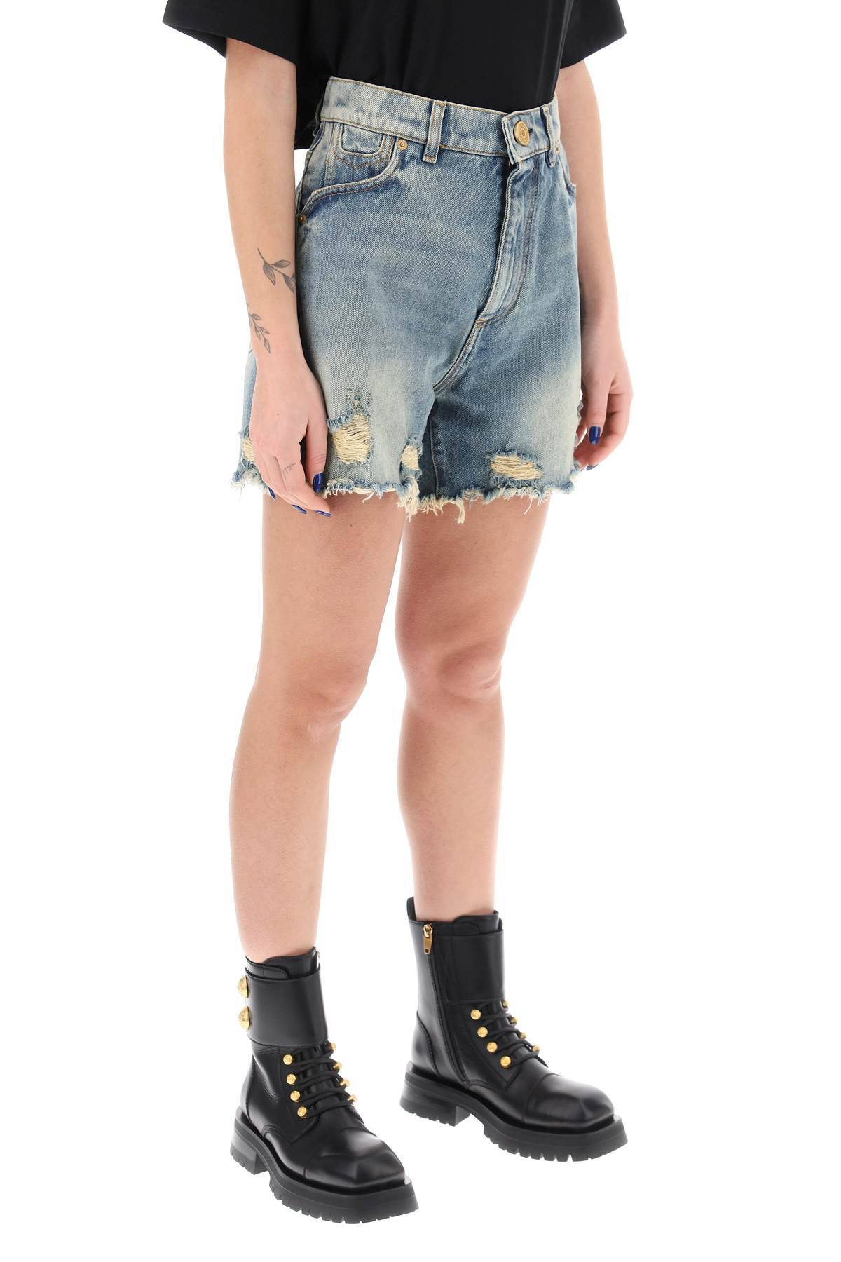 Shop Balmain Distressed Denim Shorts In Light Blue