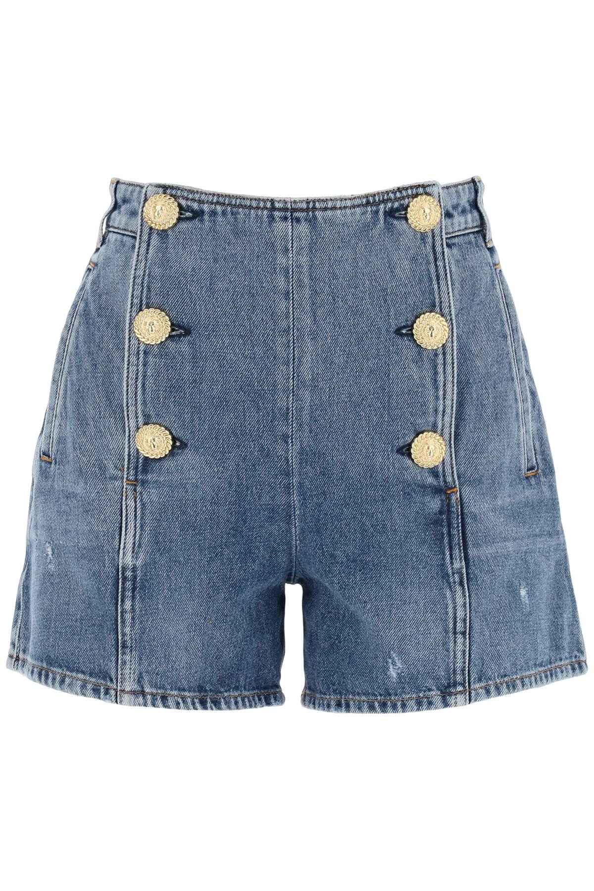 Shop Balmain "striped Denim Shorts With Embossed Buttons In Light Blue
