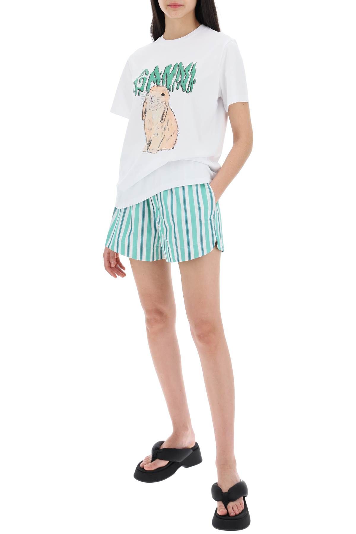 Shop Ganni Striped Shorts With Elastic Waistband In Green