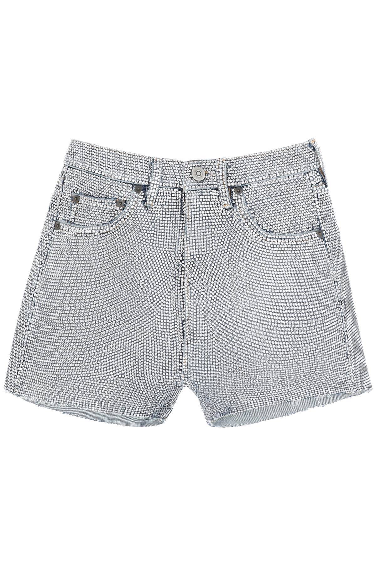 Shop Maison Margiela Shorts In Rhinestone-studded Denim In Light Blue,silver