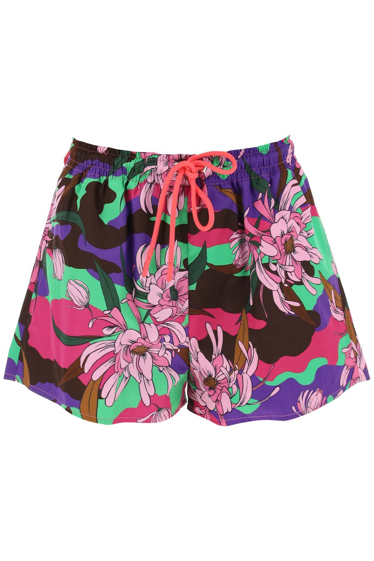 Shop Moncler Poplin Shorts With Floral Motif In Pink,green