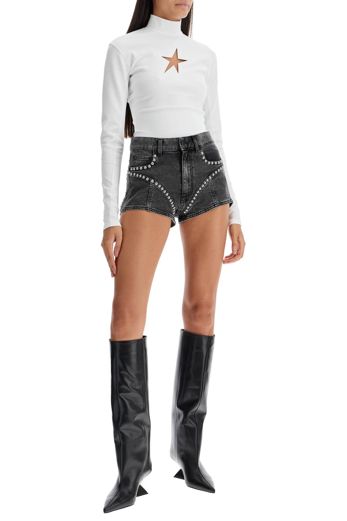 Shop Mugler Denim Shorts With Studs And Embell In Grey