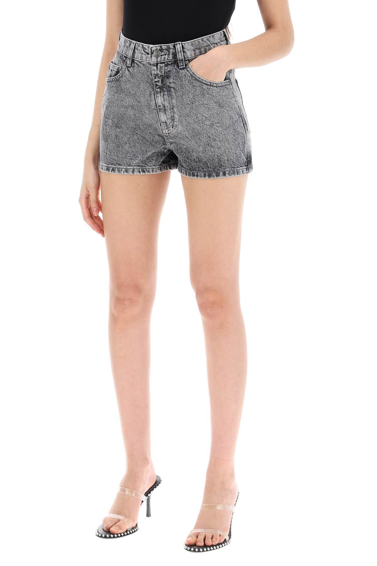 Shop Rotate Birger Christensen Denim Shorts With Rhinestone In Grey