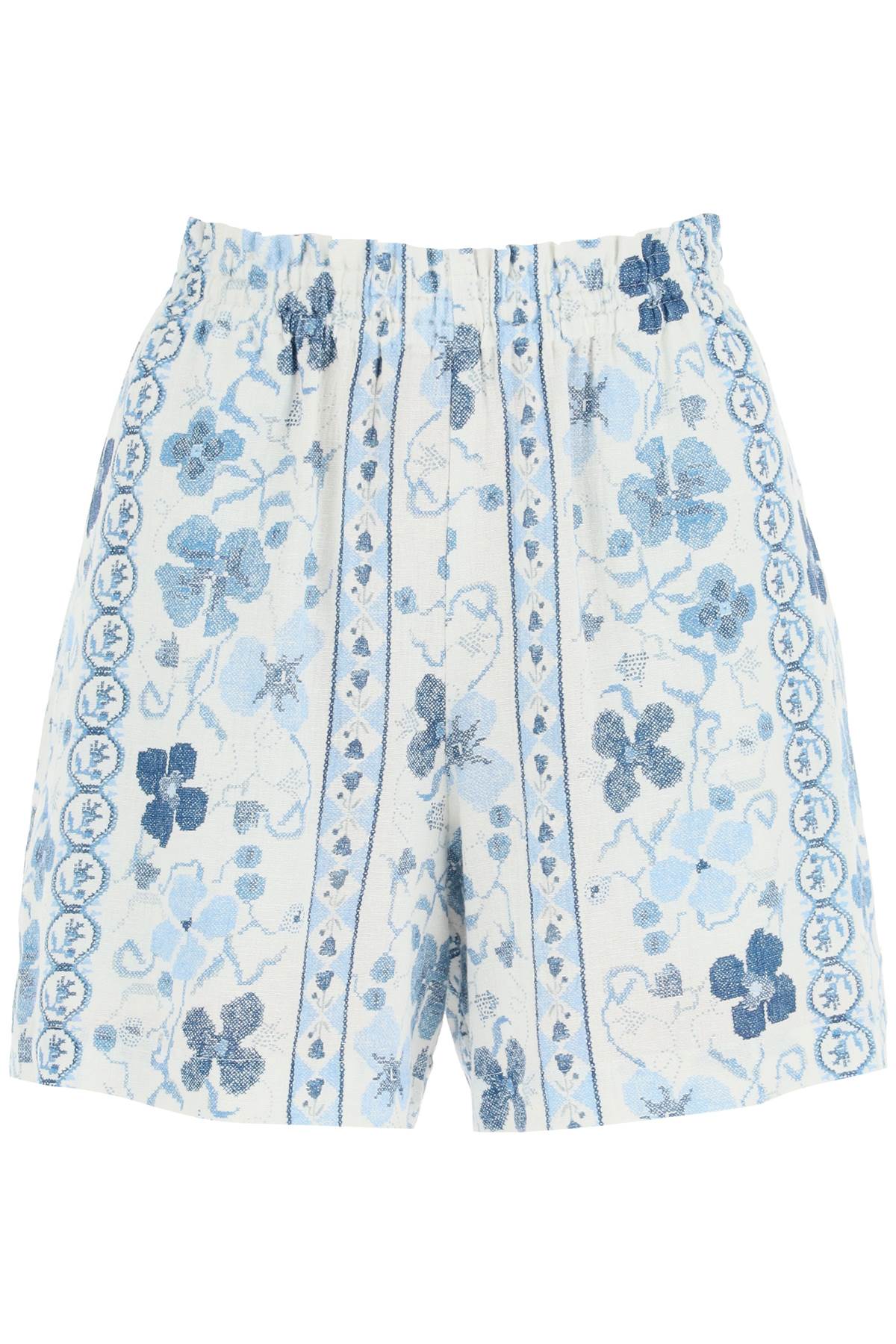 Shop See By Chloé Printed Linen Blend Shorts In White,light Blue