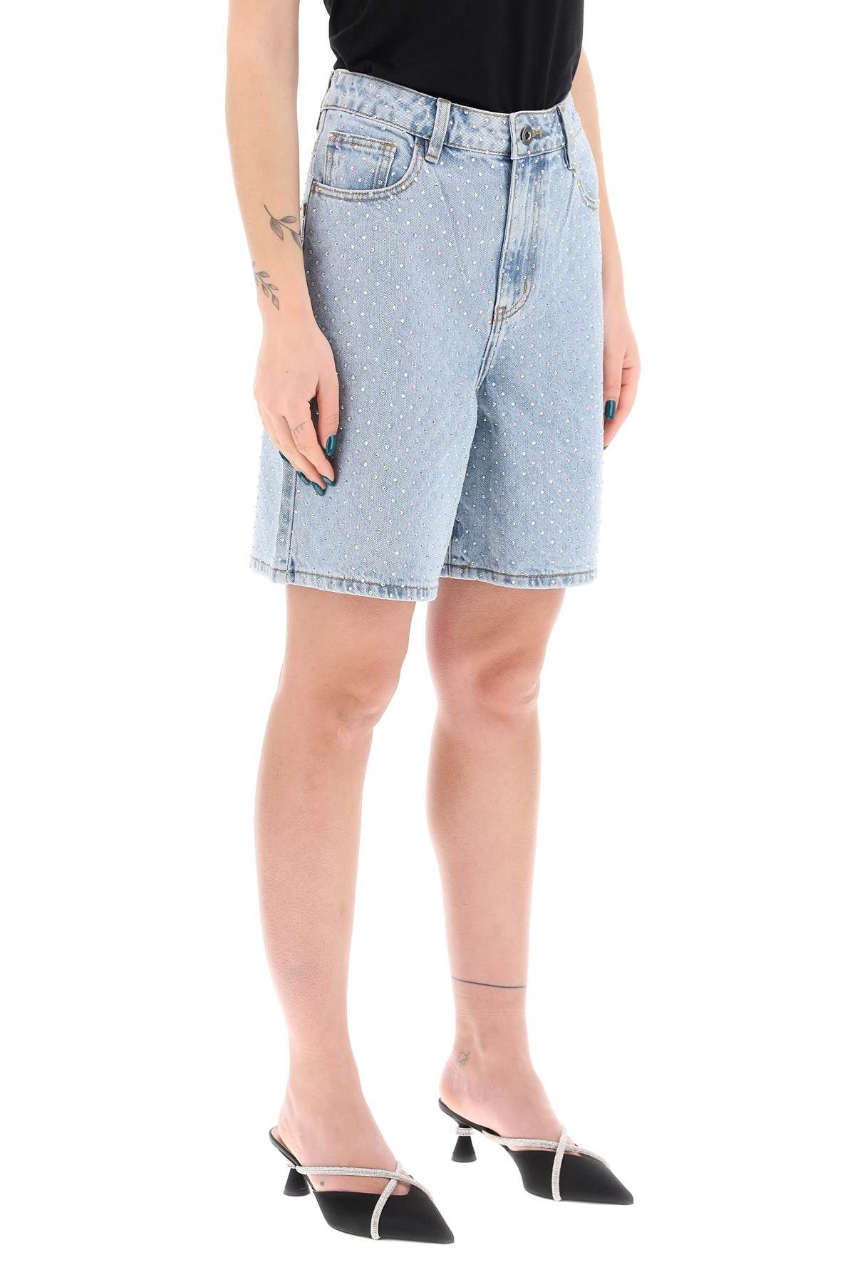 Shop Self-portrait Denim Bermuda Shorts With Rhin In Light Blue