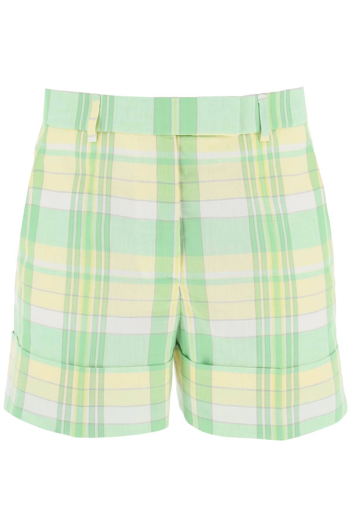 Shop Thom Browne Madras Cotton Cuffed Shorts In Green,yellow