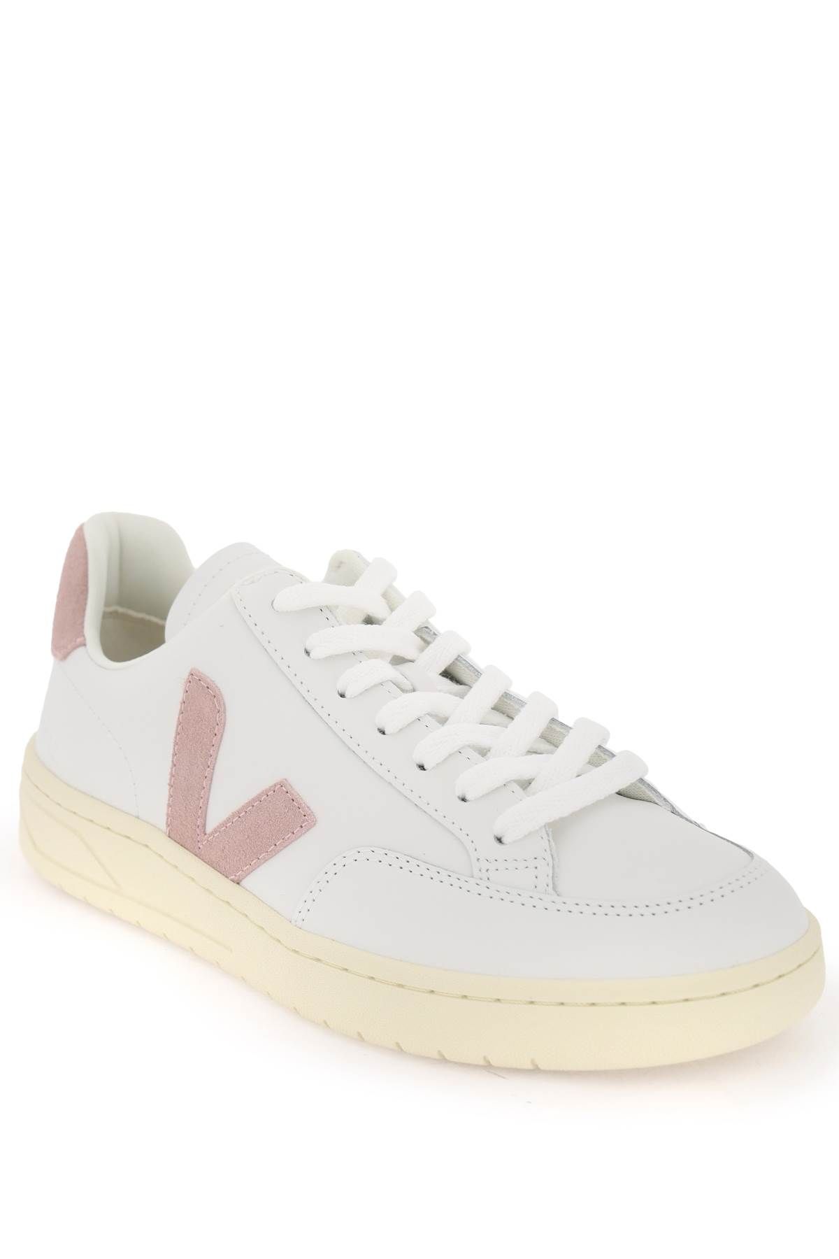 Shop Veja Leather V-12 Sneakers In White,pink