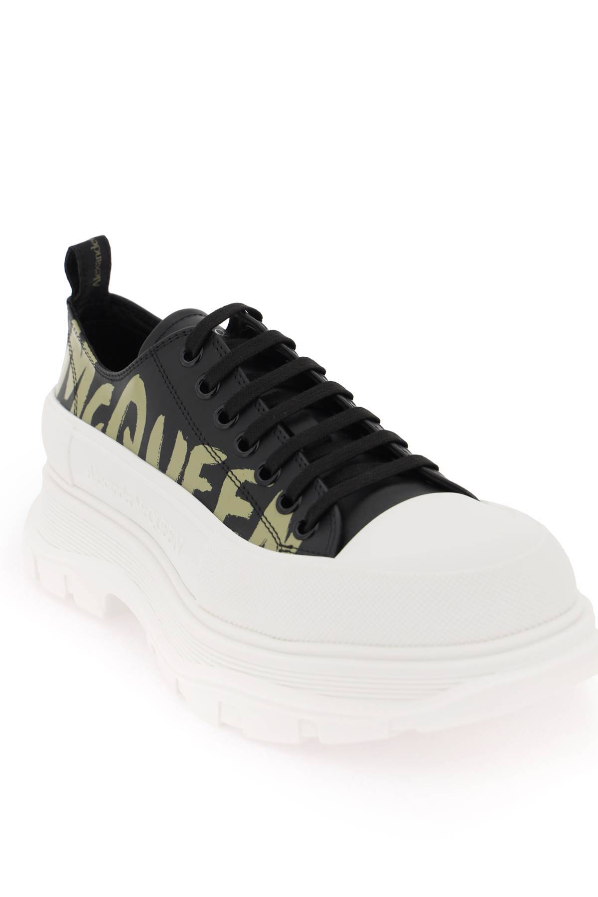 Shop Alexander Mcqueen Tread Slick Sneakers With Graffiti Logo In Khaki,black