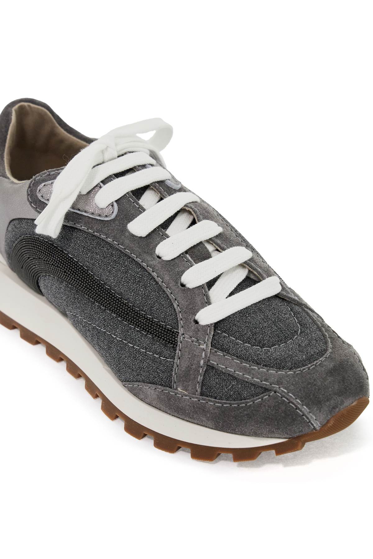 Shop Brunello Cucinelli Wool Sneakers With Precious Stripe Design In Grey