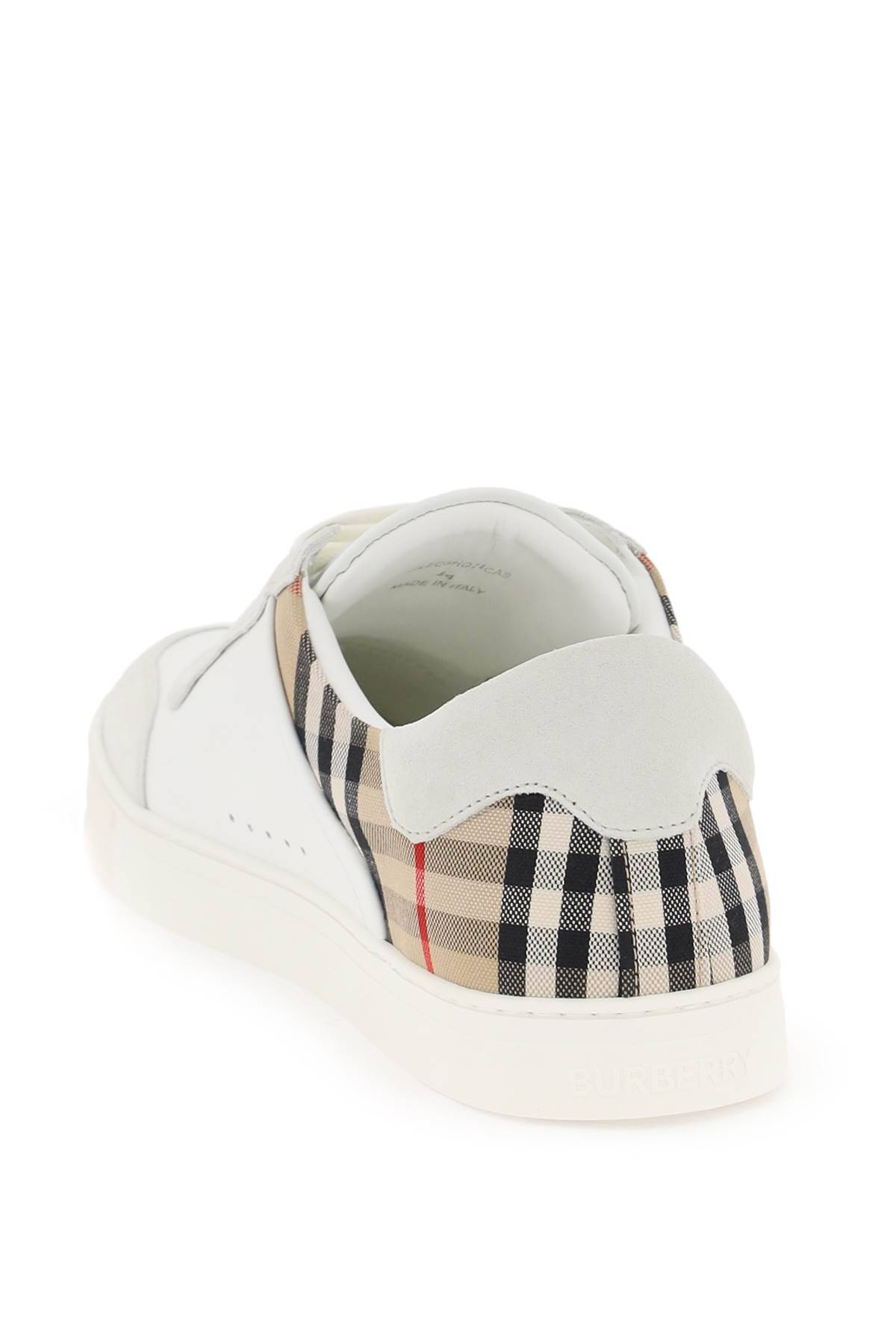 Shop Burberry Check Leather Sneakers In White,beige