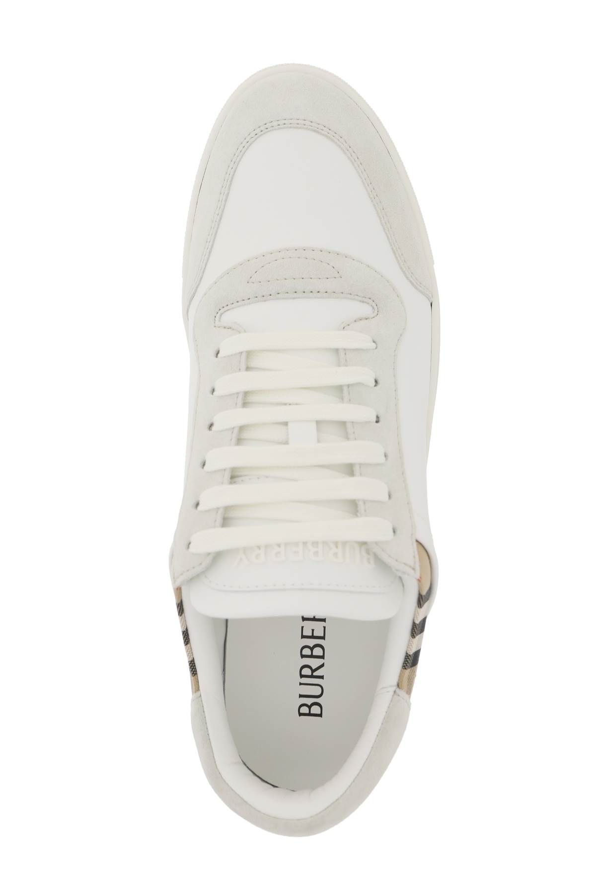 Shop Burberry Check Leather Sneakers In White,beige