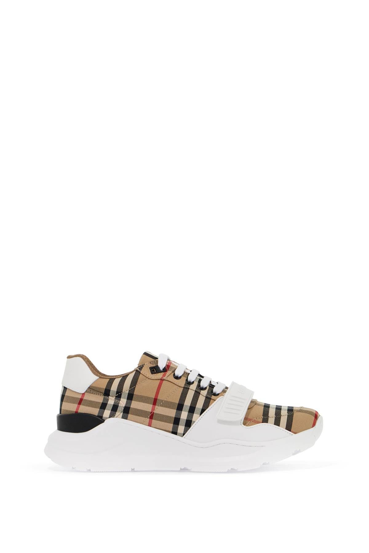 Shop Burberry Check Fabric Sneakers In Beige