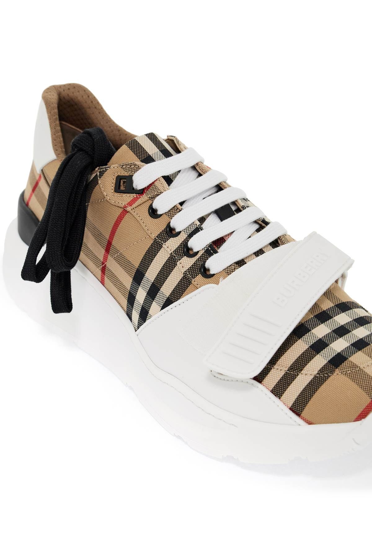 Shop Burberry Check Fabric Sneakers In Beige