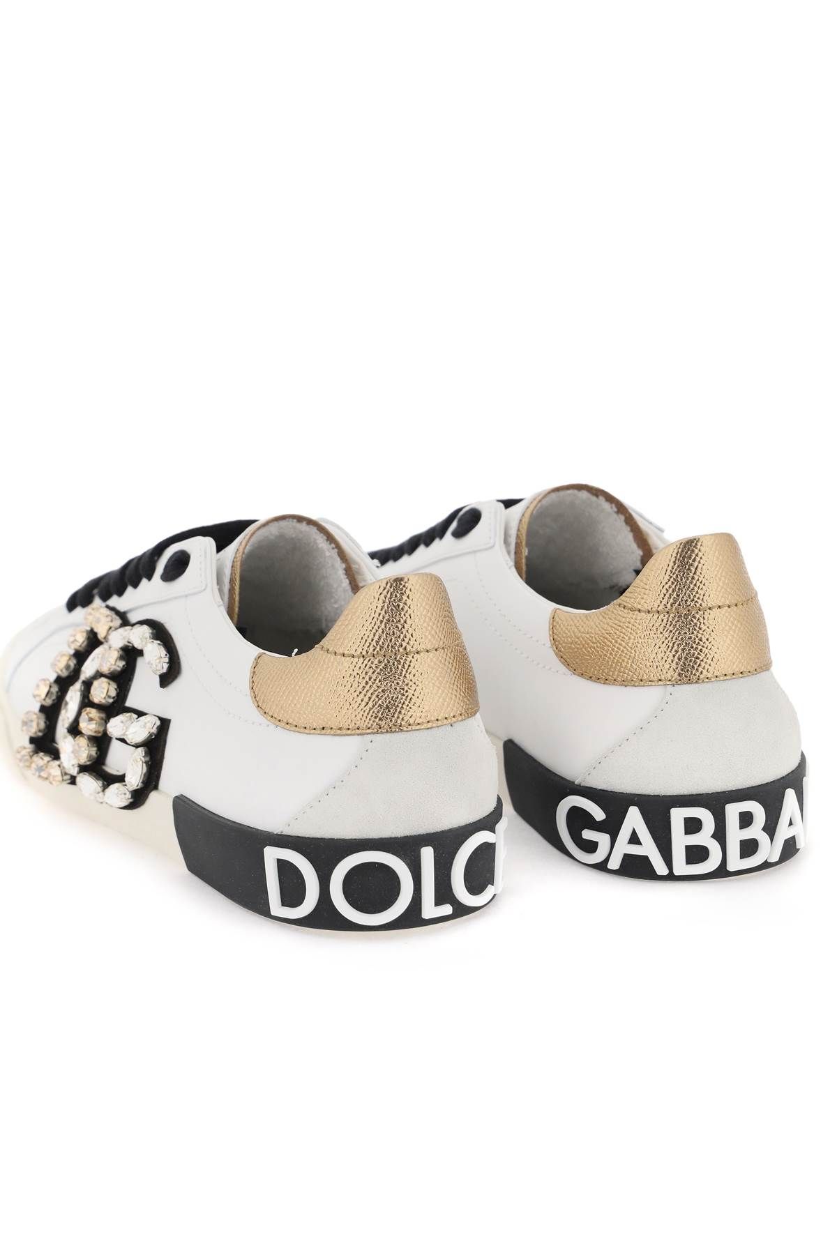 Shop Dolce & Gabbana Portofino Vintage Leather Sneakers With Rhinestone Dg In White,gold,black