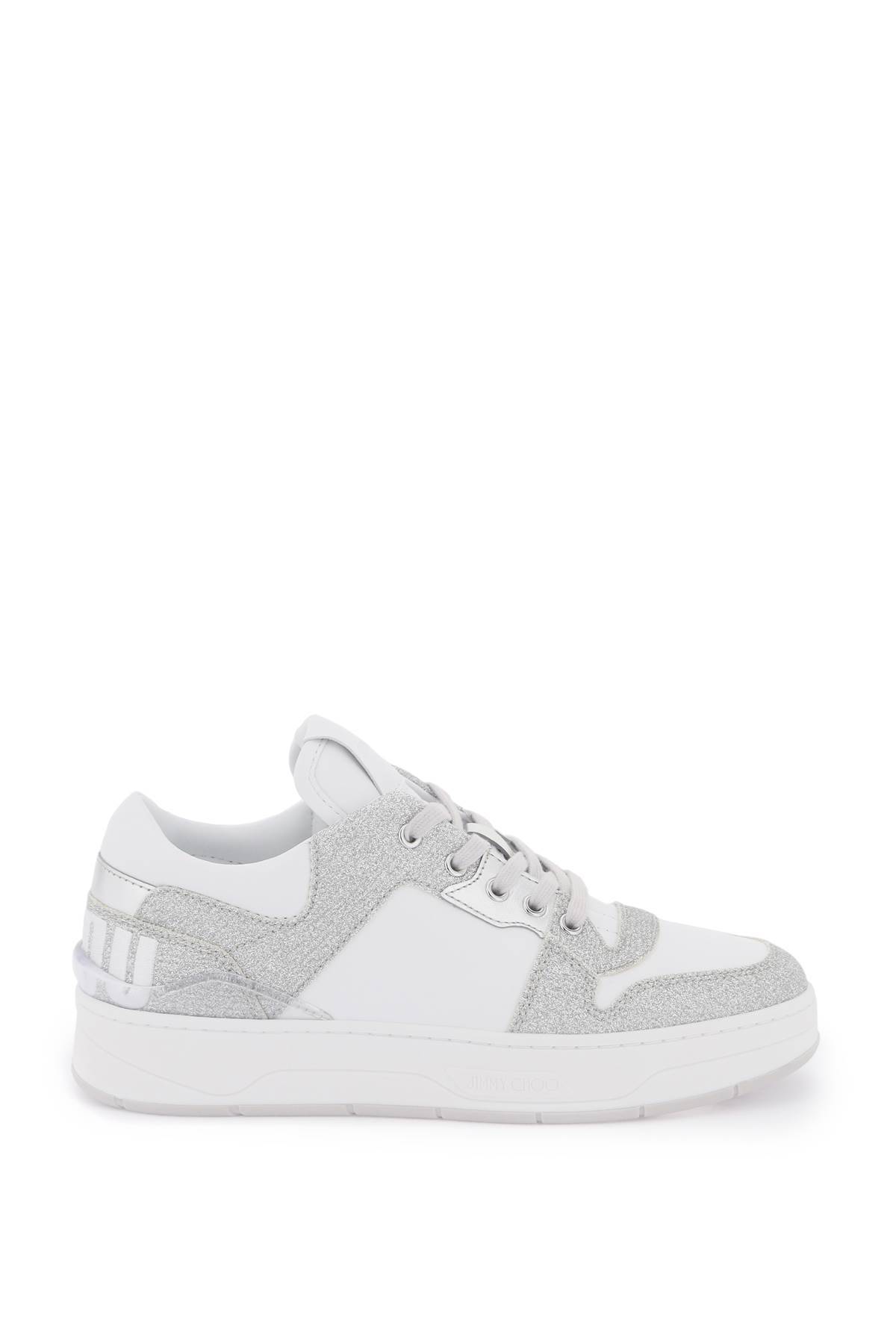 Shop Jimmy Choo 'florent' Glittered Sneakers With Lettering Logo In White,silver