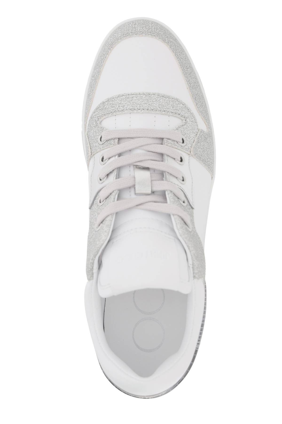 Shop Jimmy Choo 'florent' Glittered Sneakers With Lettering Logo In White,silver