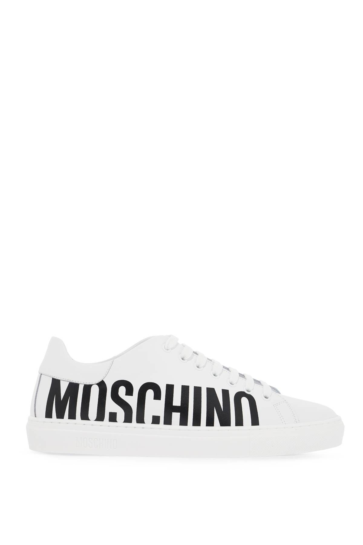 Shop Moschino Leather Sneakers With Logo Print In White