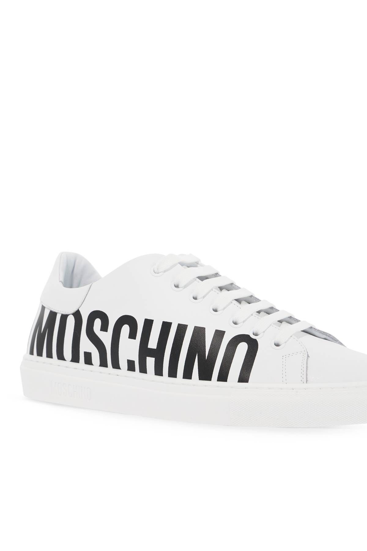 Shop Moschino Leather Sneakers With Logo Print In White