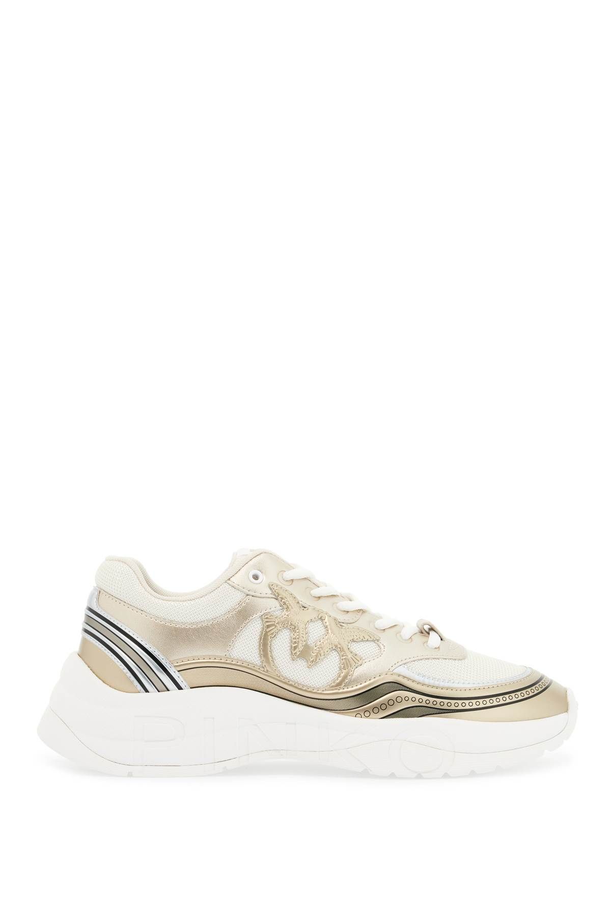 Shop Pinko Mesh And Metallic Faux Leather Sneakers In In Gold