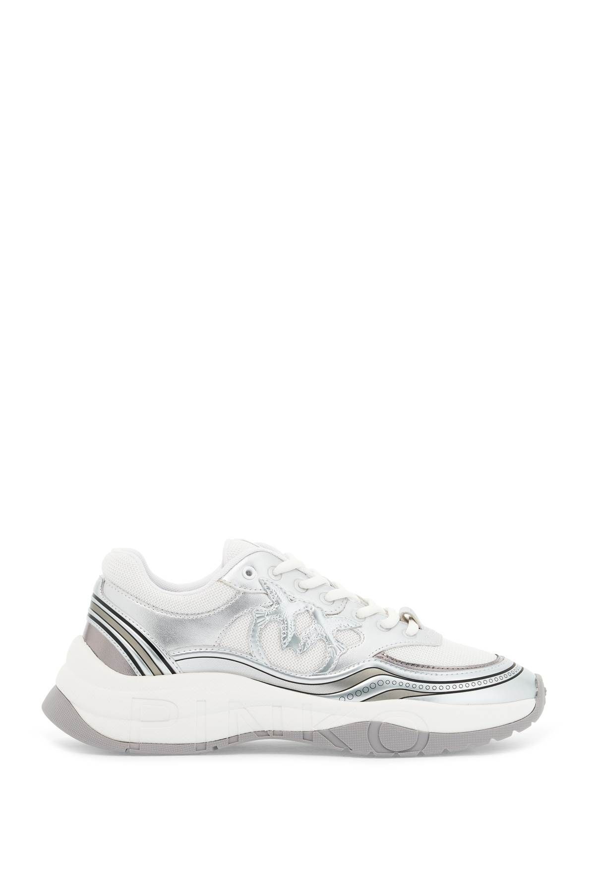 Shop Pinko Mesh And Metallic Faux Leather Sneakers In In Silver