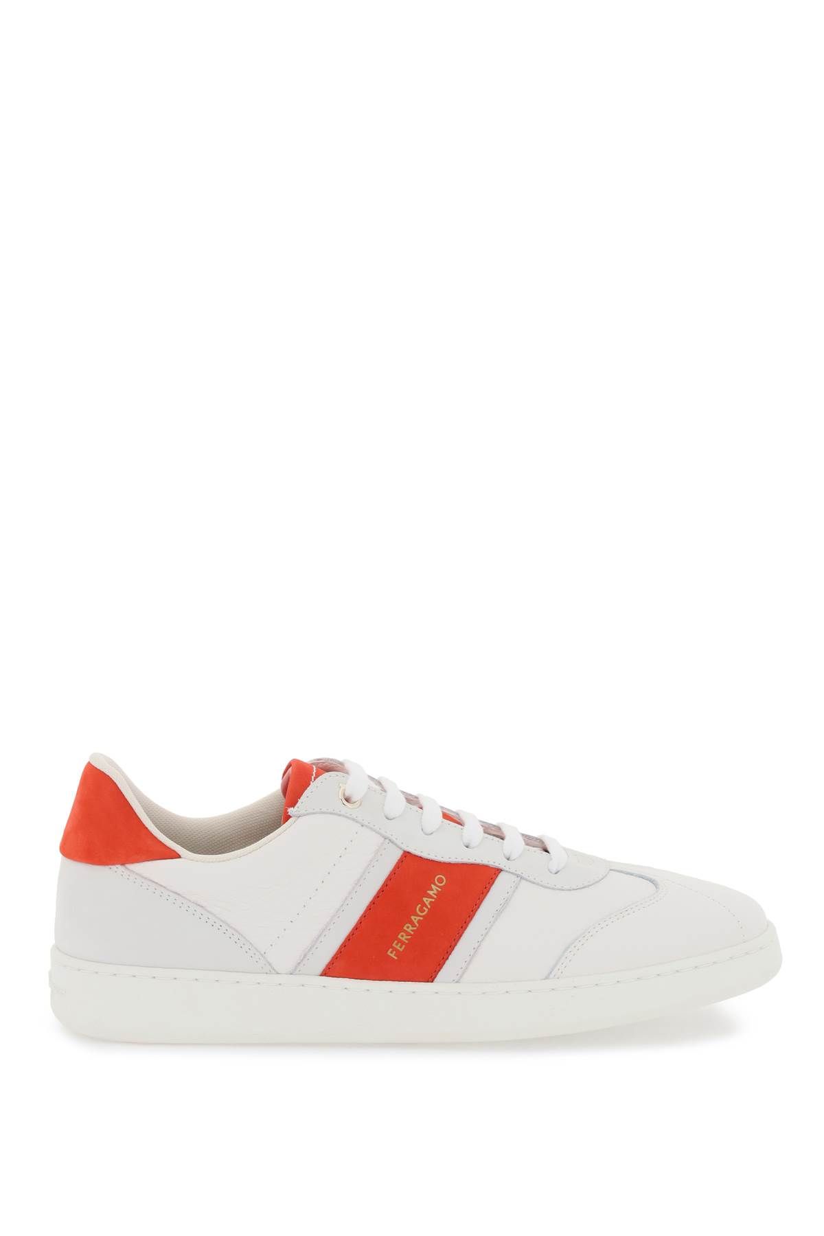 Shop Ferragamo Leather Sneakers In White,grey,red