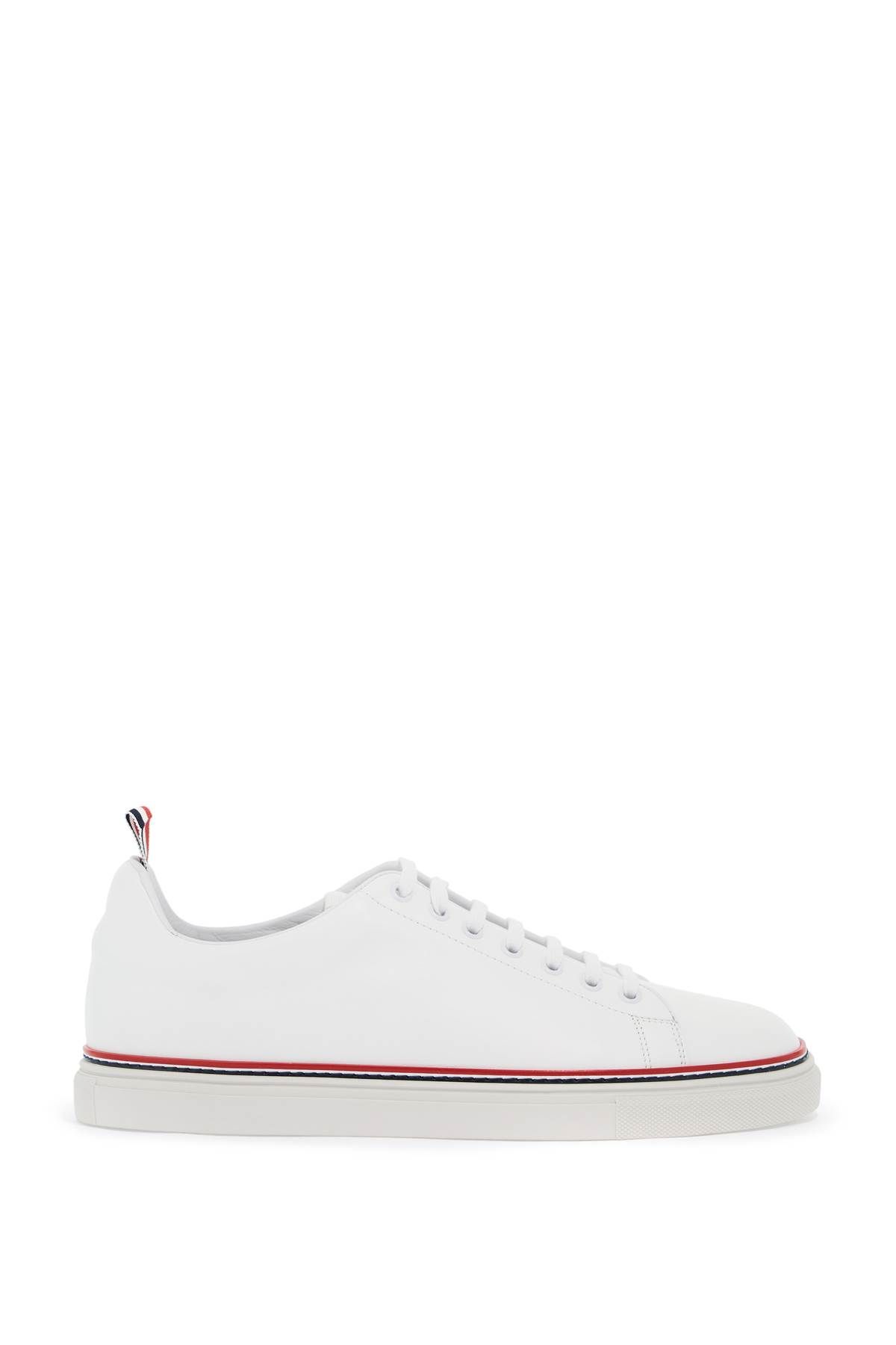 Shop Thom Browne Smooth Leather Sneakers With Tricolor Detail. In White