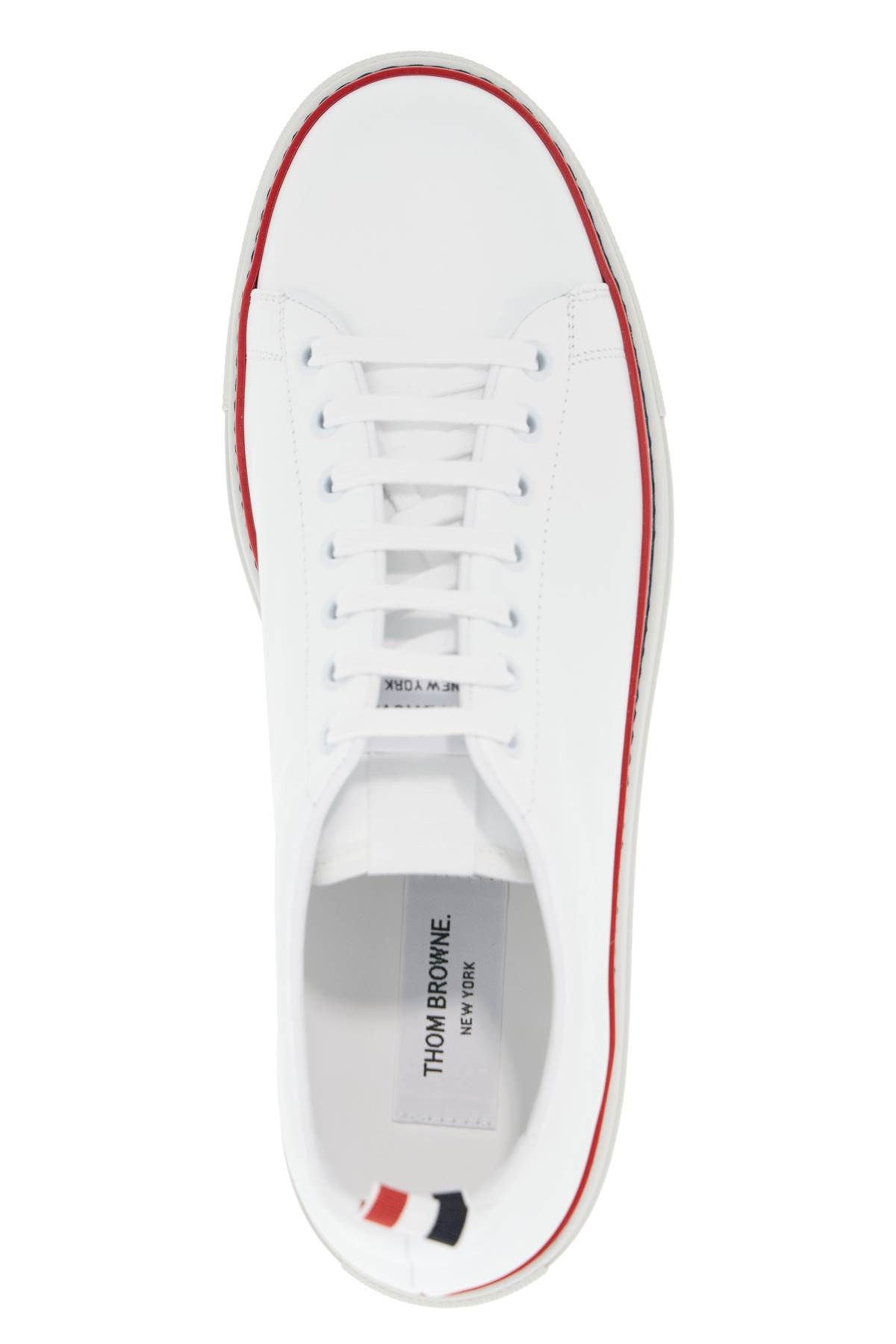 Shop Thom Browne Smooth Leather Sneakers With Tricolor Detail. In White