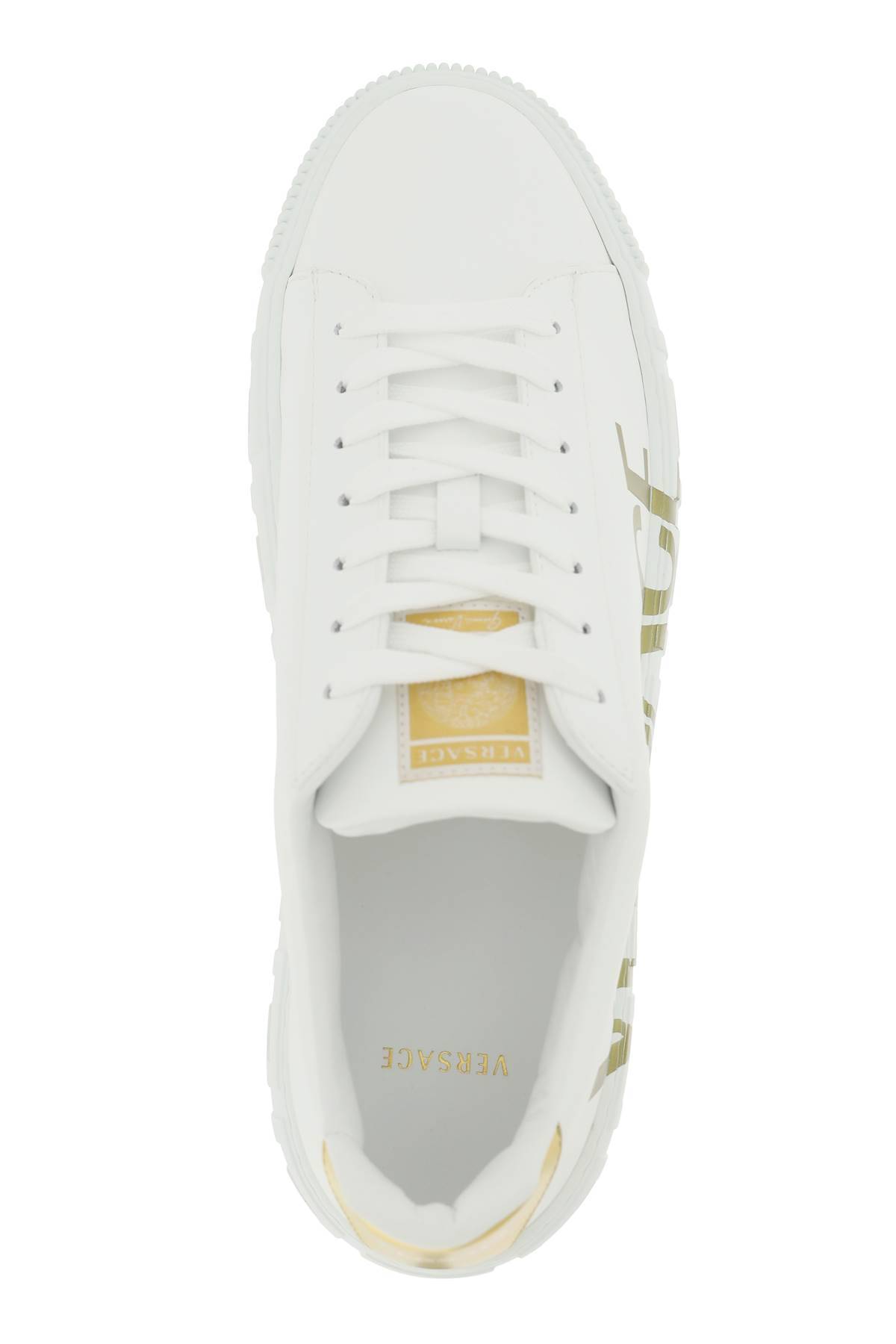 Shop Versace 'greca' Sneakers With Logo In White,gold