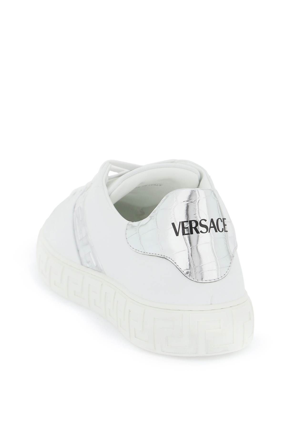 Shop Versace Greek Pattern Sneakers In Silver,white