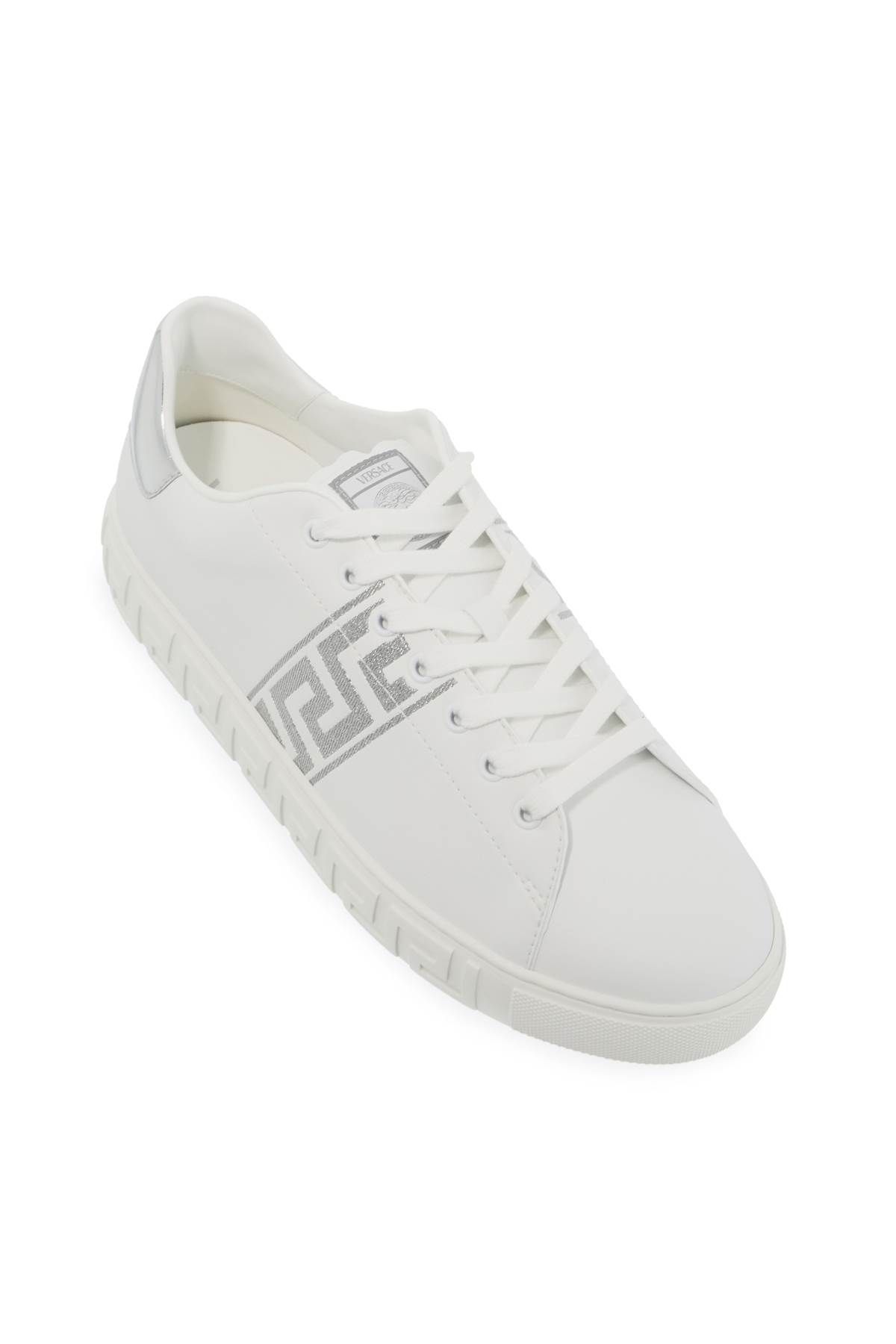 Shop Versace Embroidered Greek Pattern Sneakers In In White