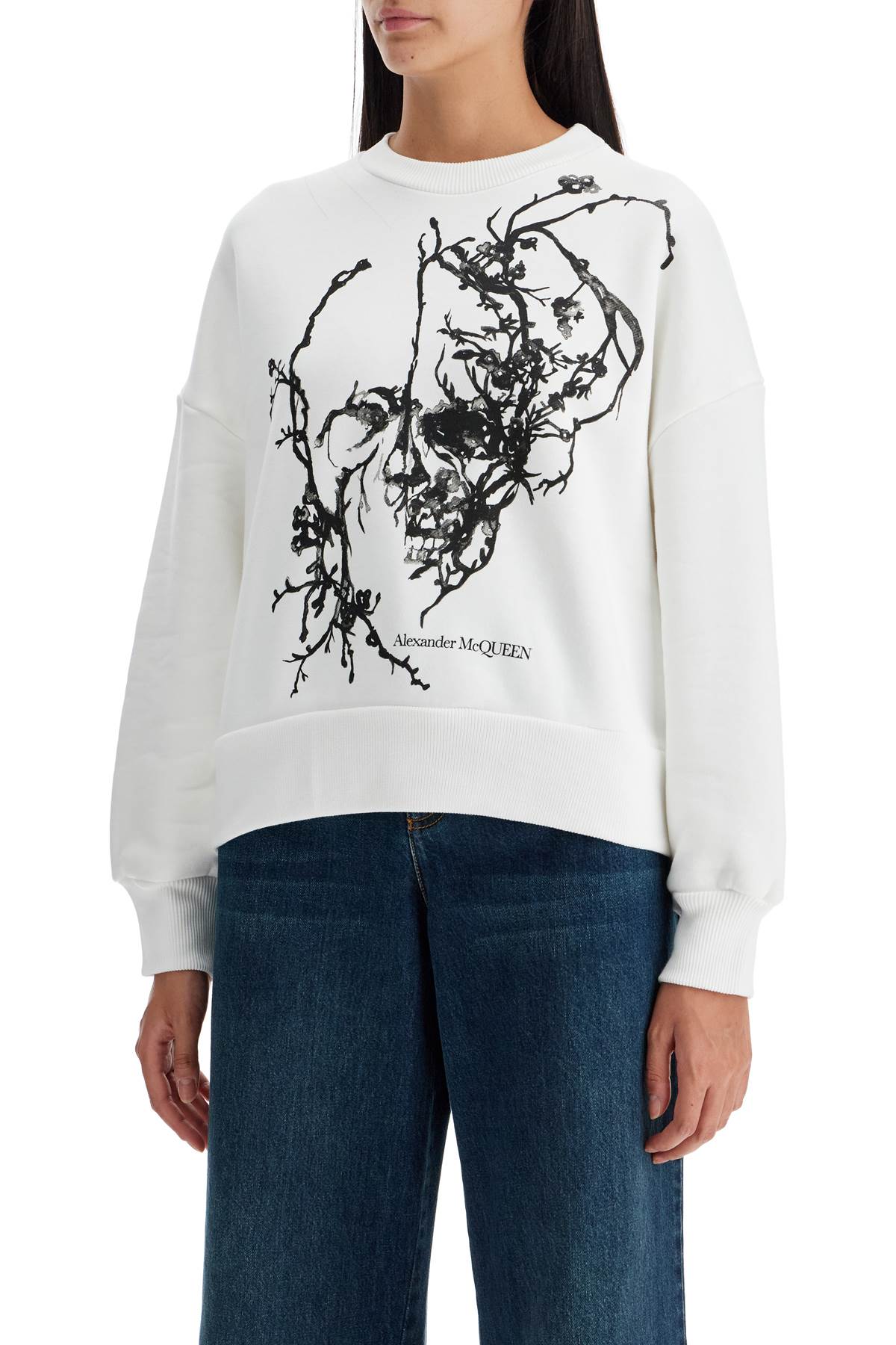 Shop Alexander Mcqueen Boxy Cherry Blossom Skull Sweat In White